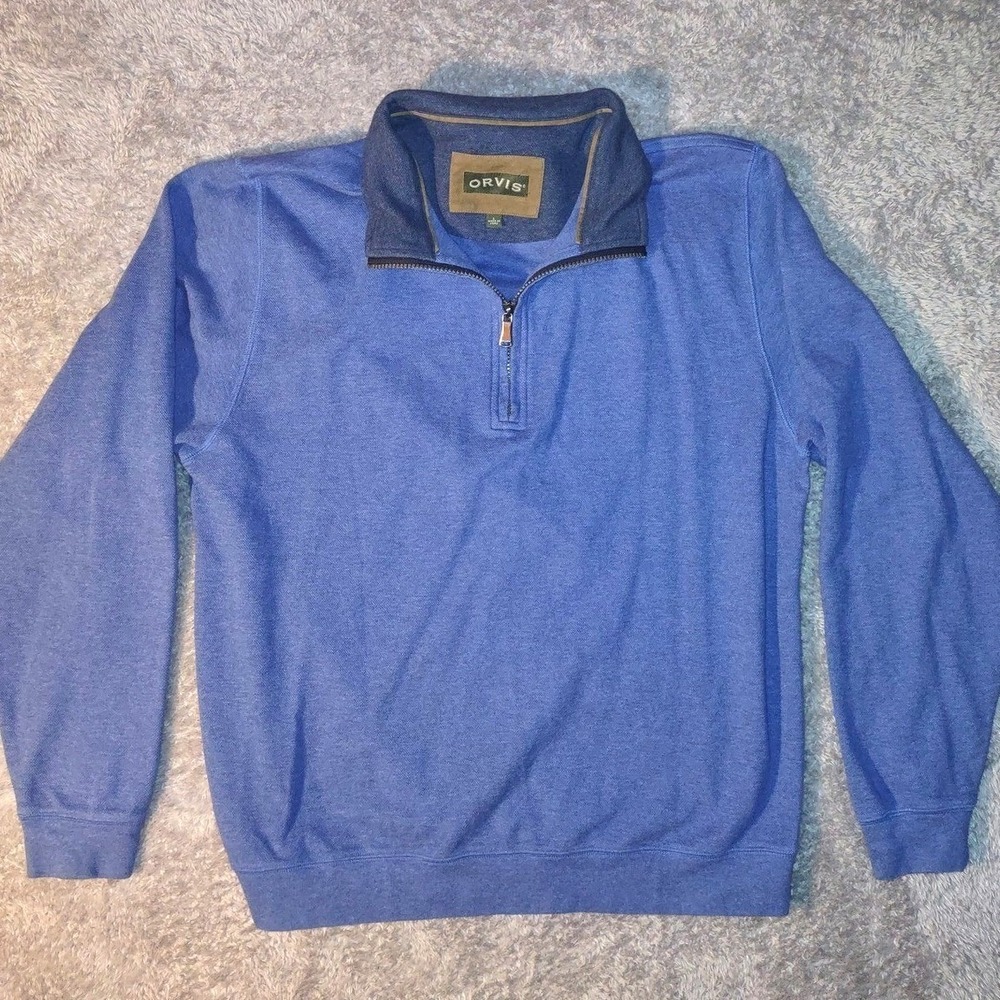 ORVIS Mens Blue 1/4 Zip Pullover Sweatshirt Size L 100% Pima Cotton Fall Winter